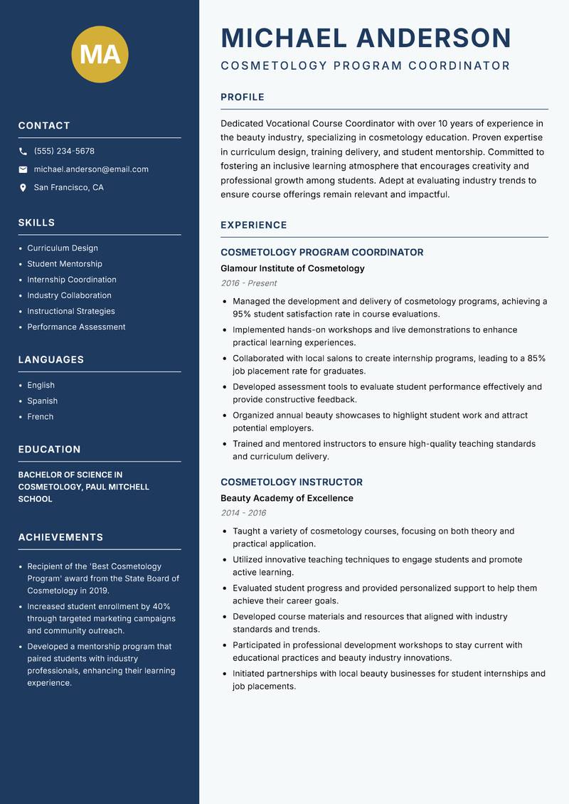 Vocational Course Coordinator resume sample — Cosmetology Program Coordinator focus