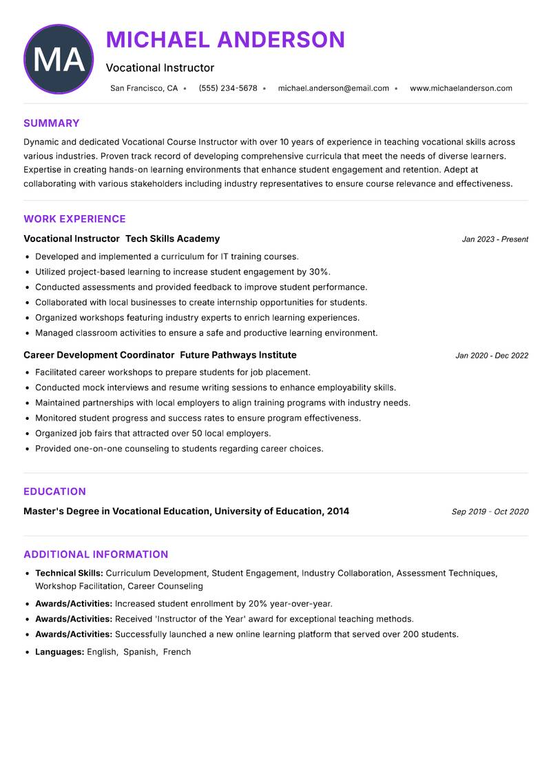 Vocational Course Instructor resume example