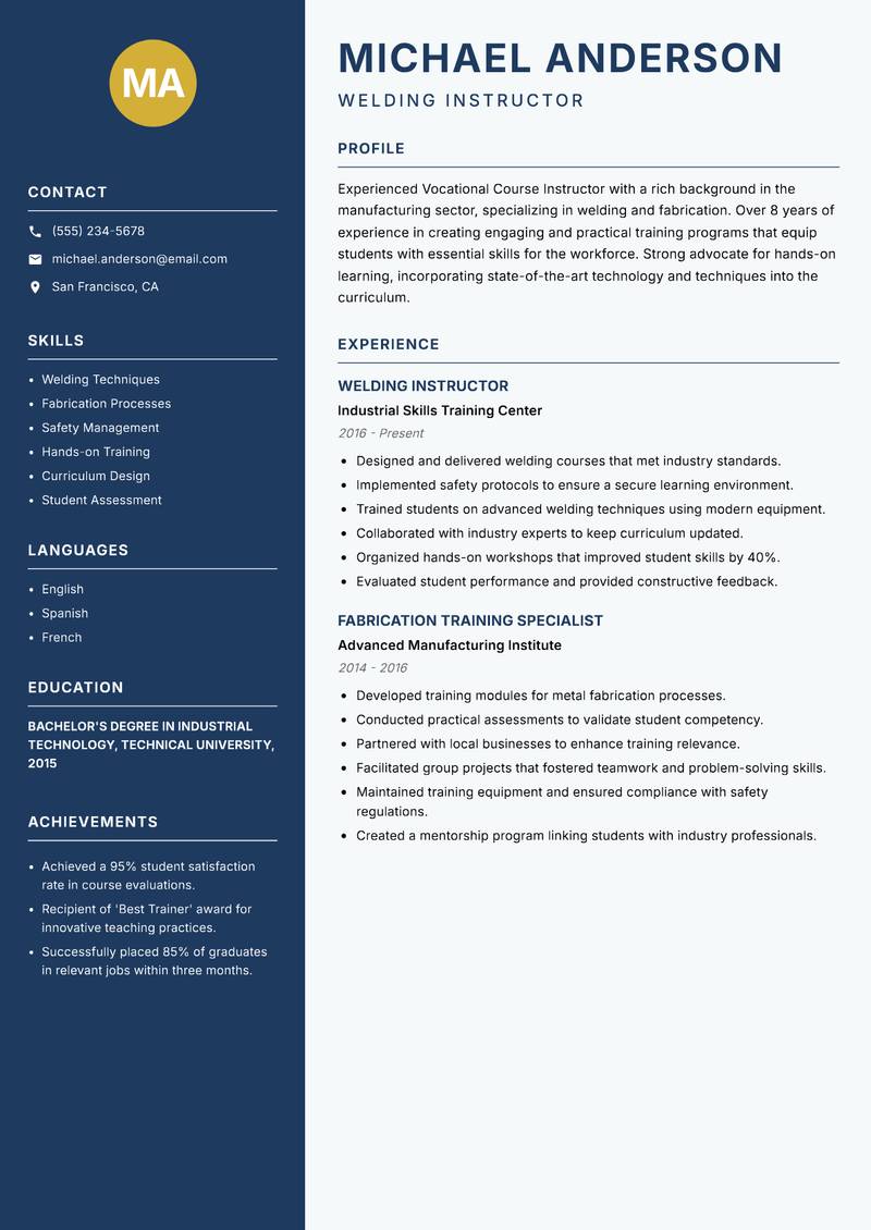 Vocational Course Instructor resume sample — Welding Instructor focus