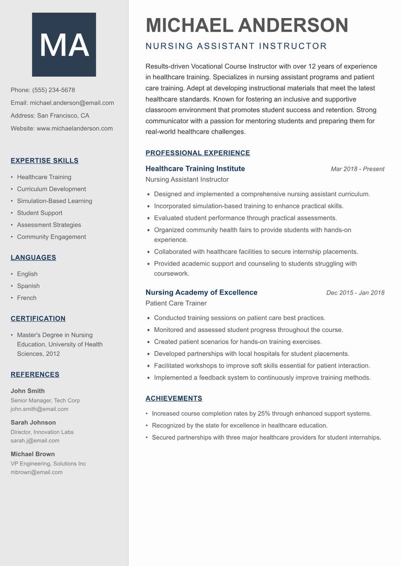 Vocational Course Instructor resume sample — Nursing Assistant Instructor focus