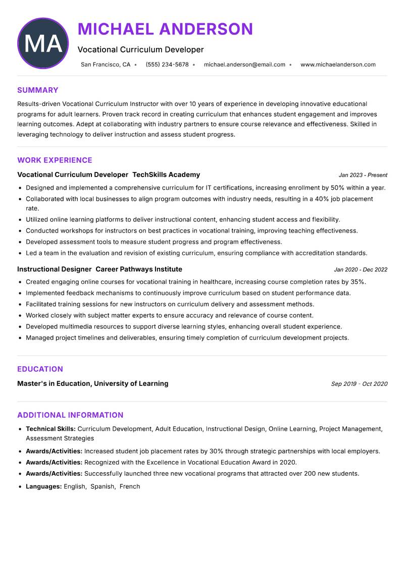 Vocational Curriculum Instructor resume example