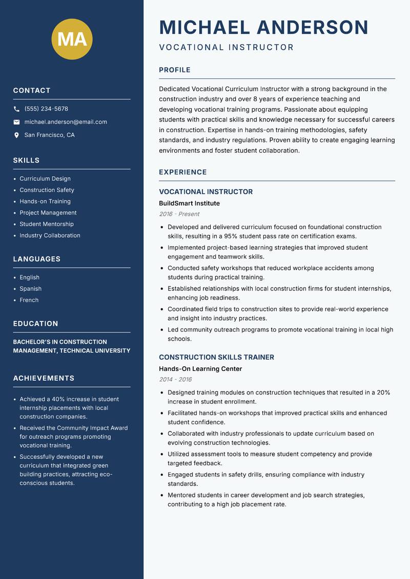 Vocational Curriculum Instructor resume sample — Vocational Instructor focus