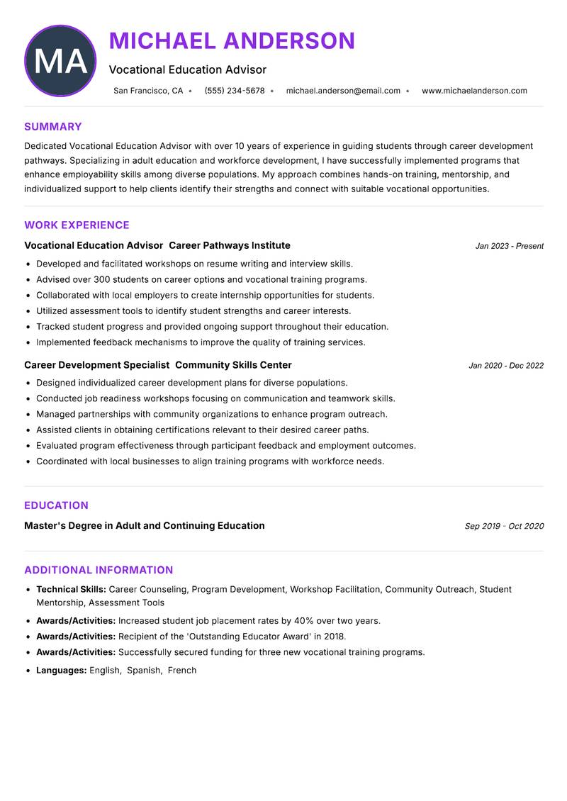 Vocational Education Advisor resume example