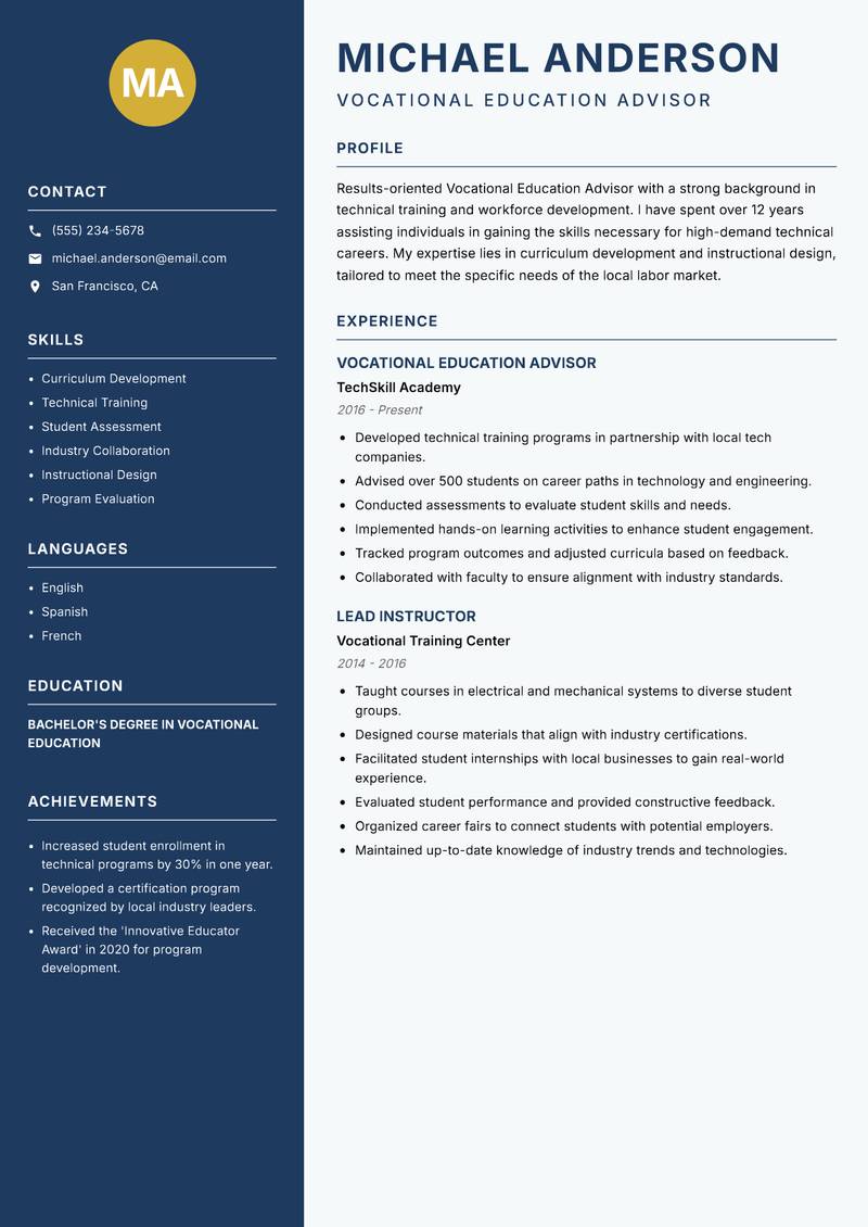 Vocational Education Advisor resume sample — Vocational Education Advisor focus