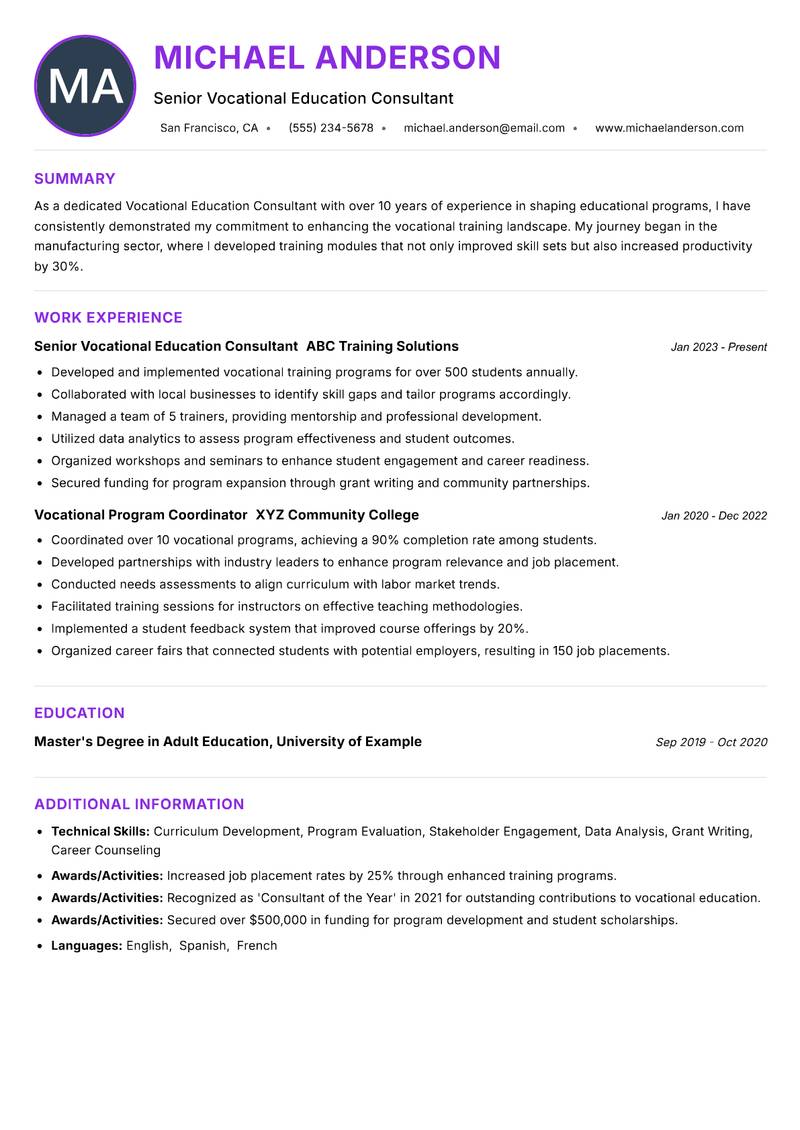 Vocational Education Consultant resume example