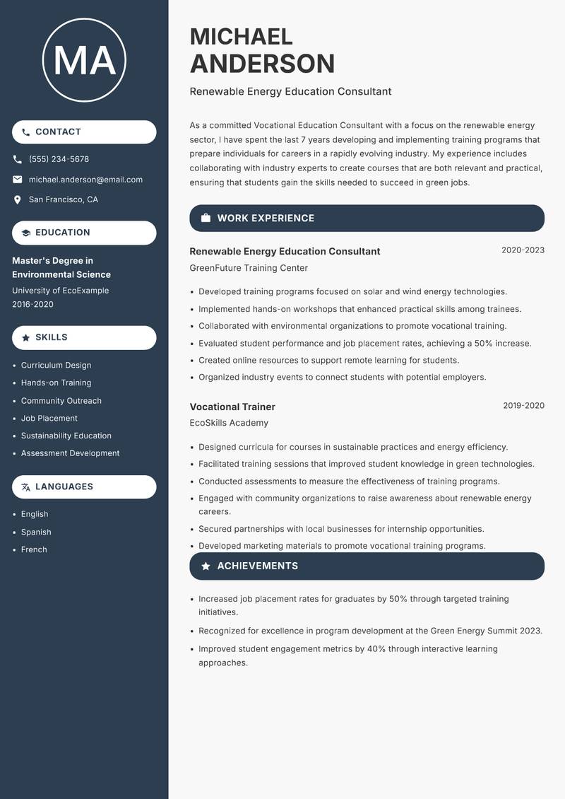 Vocational Education Consultant resume sample — Renewable Energy Education Consultant focus