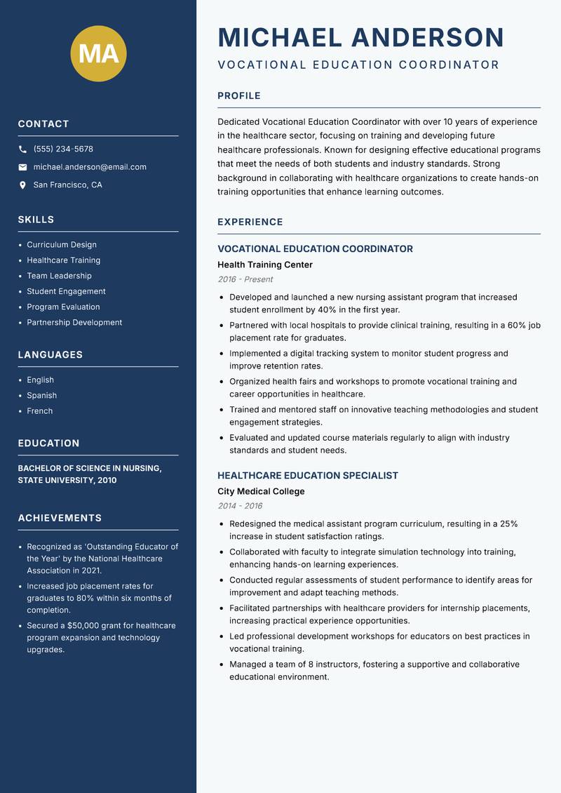 Vocational Education Coordinator resume sample — Vocational Education Coordinator focus
