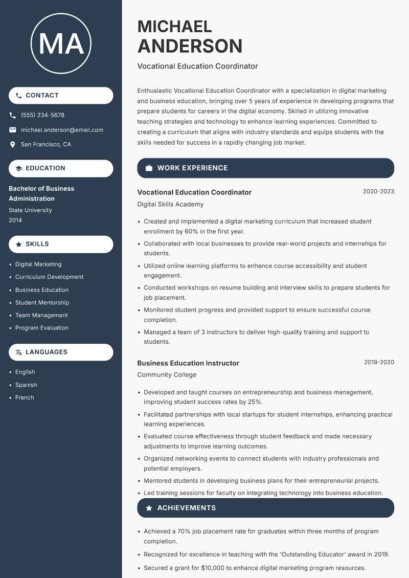 Vocational Education Coordinator resume sample — Vocational Education Coordinator focus