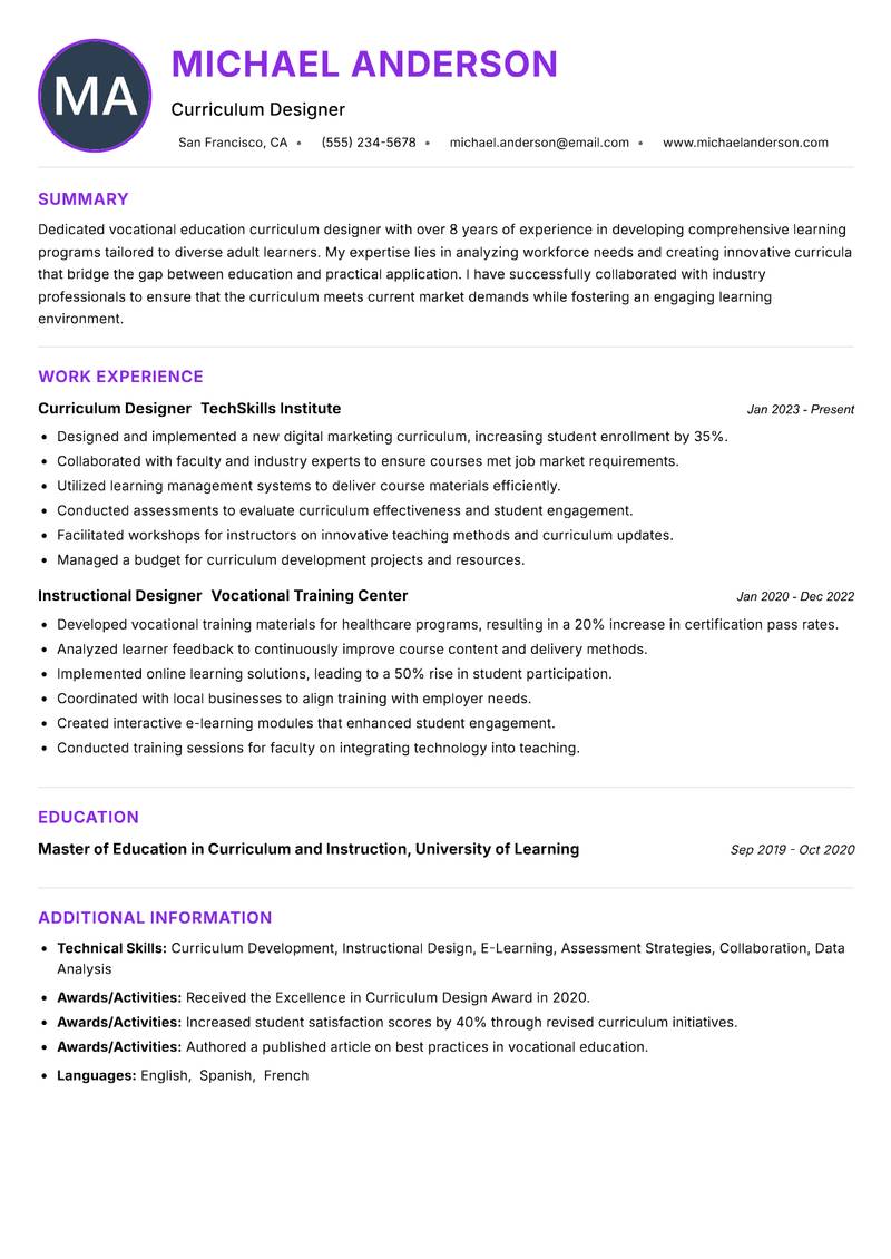 Vocational Education Curriculum Designer resume example