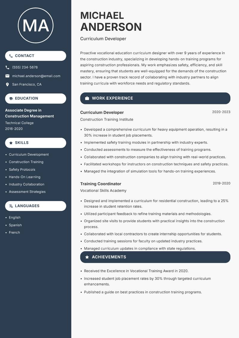 Vocational Education Curriculum Designer resume sample — Curriculum Developer focus