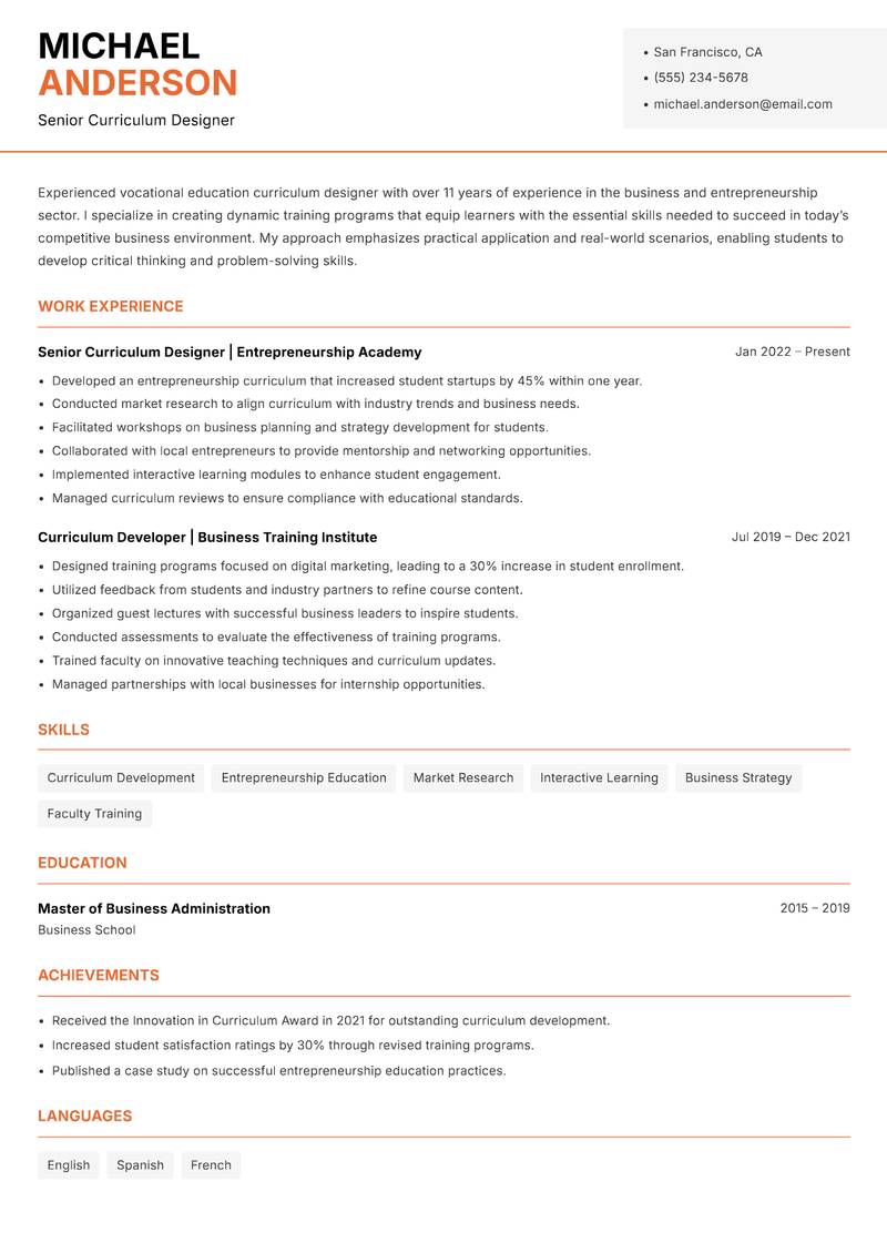 Vocational Education Curriculum Designer resume sample — Senior Curriculum Designer focus