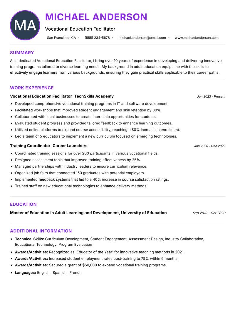 Vocational Education Facilitator resume example