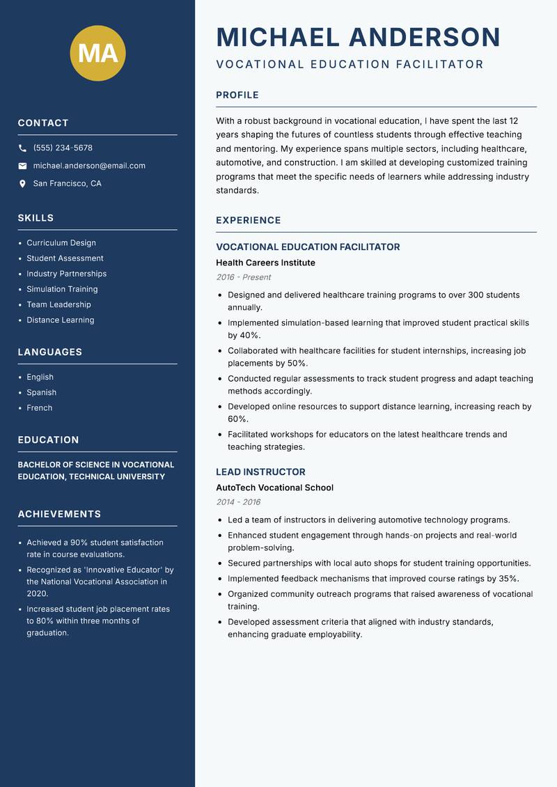 Vocational Education Facilitator resume sample — Vocational Education Facilitator focus