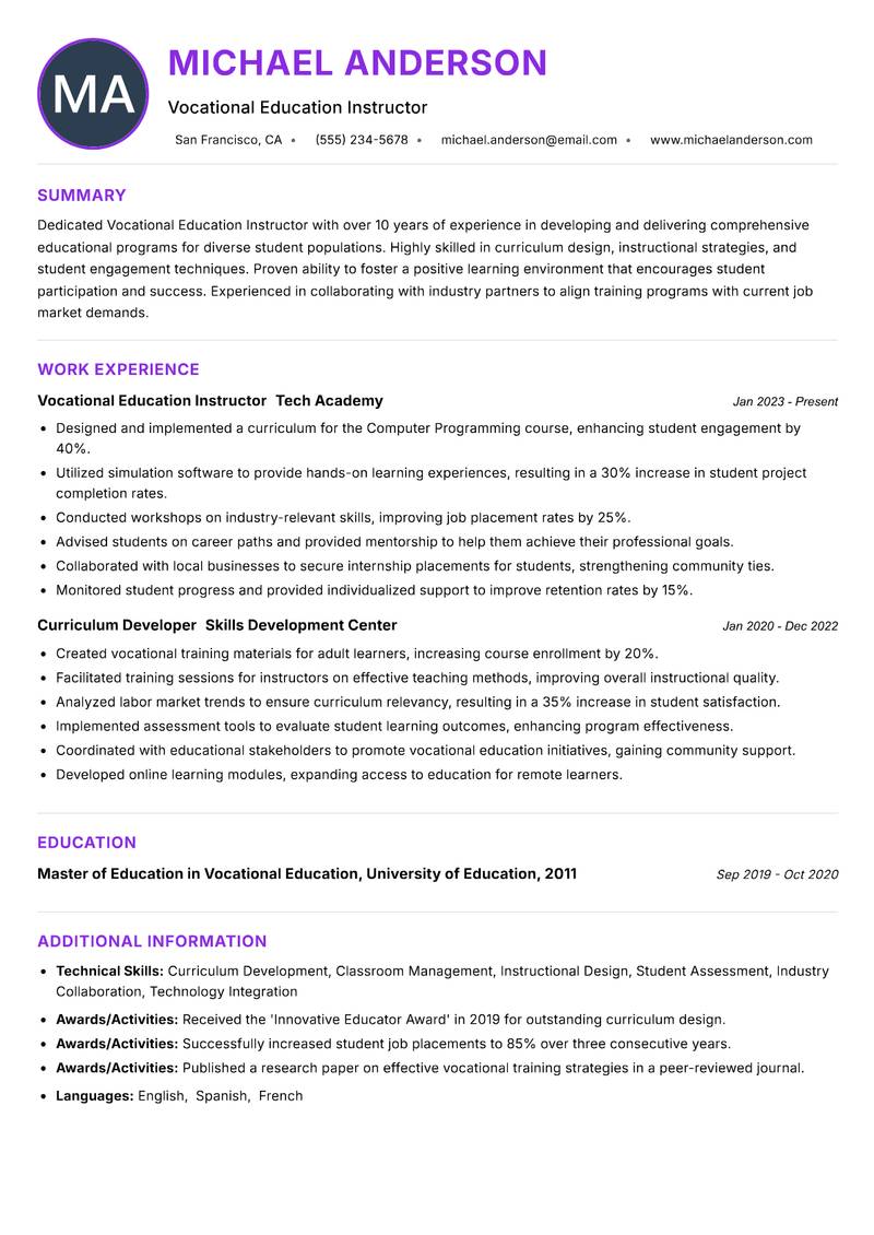 Vocational Education Instructor resume example