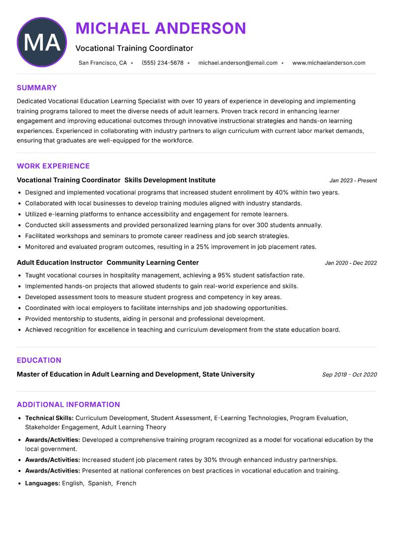 Vocational Education Learning Specialist resume example