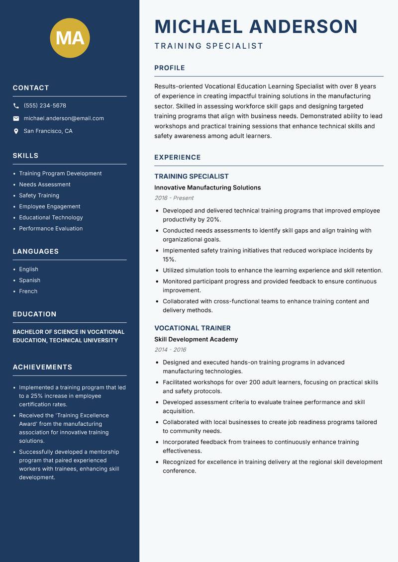 Vocational Education Learning Specialist resume sample — Training Specialist focus