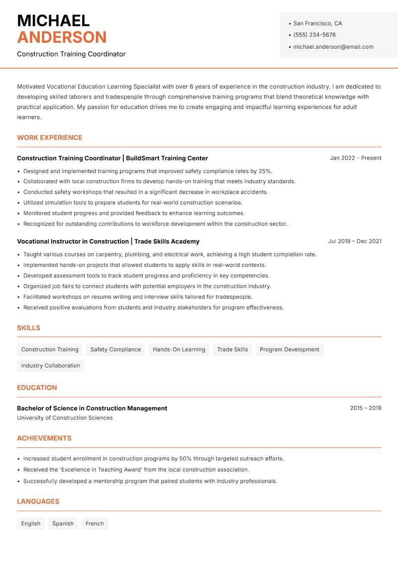 Vocational Education Learning Specialist resume sample — Construction Training Coordinator focus