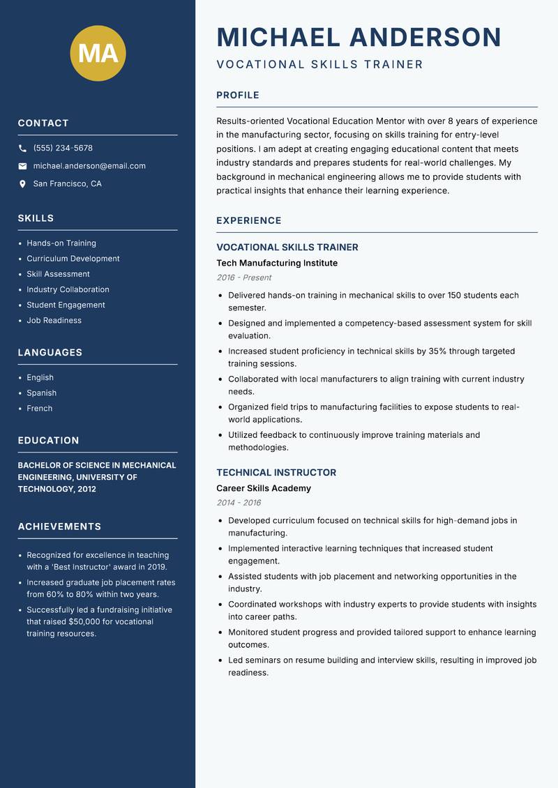 Vocational Education Mentor resume sample — Vocational Skills Trainer focus