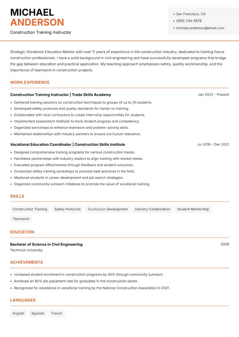 Vocational Education Mentor resume sample — Construction Training Instructor focus
