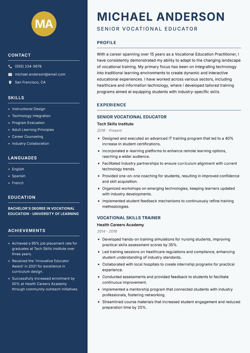 Vocational Education Practitioner resume sample — Senior Vocational Educator focus