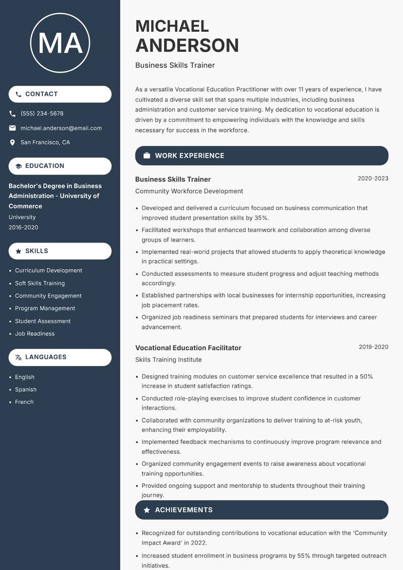 Vocational Education Practitioner resume sample — Business Skills Trainer focus