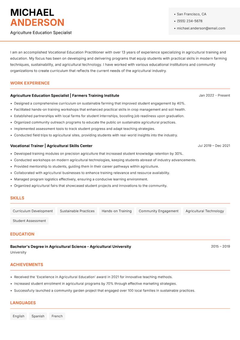 Vocational Education Practitioner resume sample — Agriculture Education Specialist focus