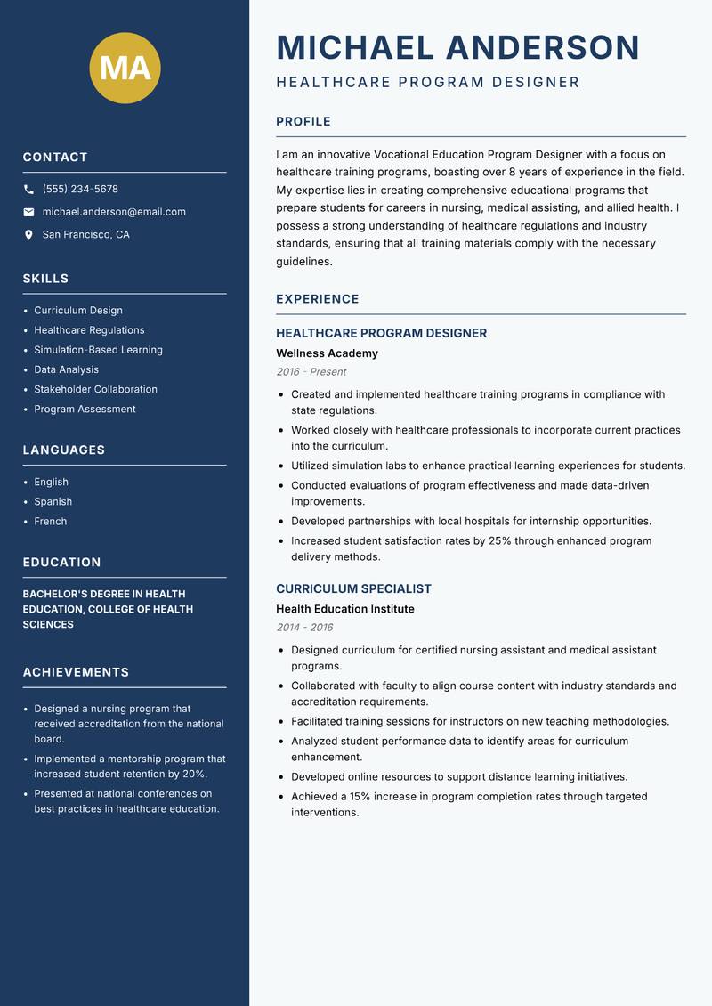 Vocational Education Program Designer resume sample — Healthcare Program Designer focus