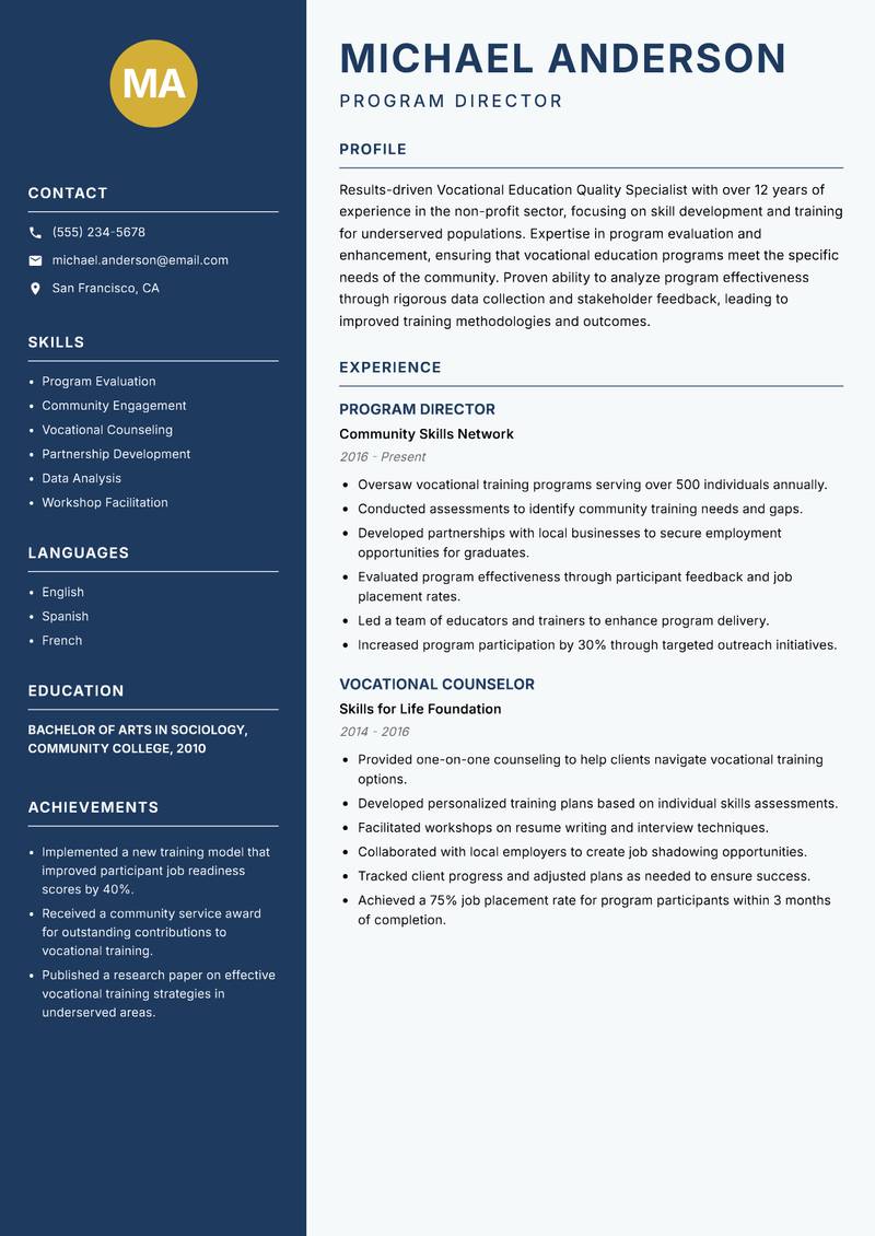Vocational Education Quality Specialist resume sample — Program Director focus