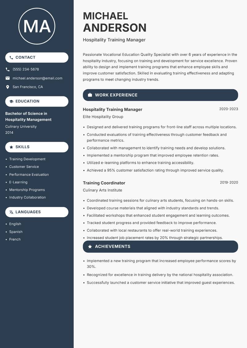 Vocational Education Quality Specialist resume sample — Hospitality Training Manager focus