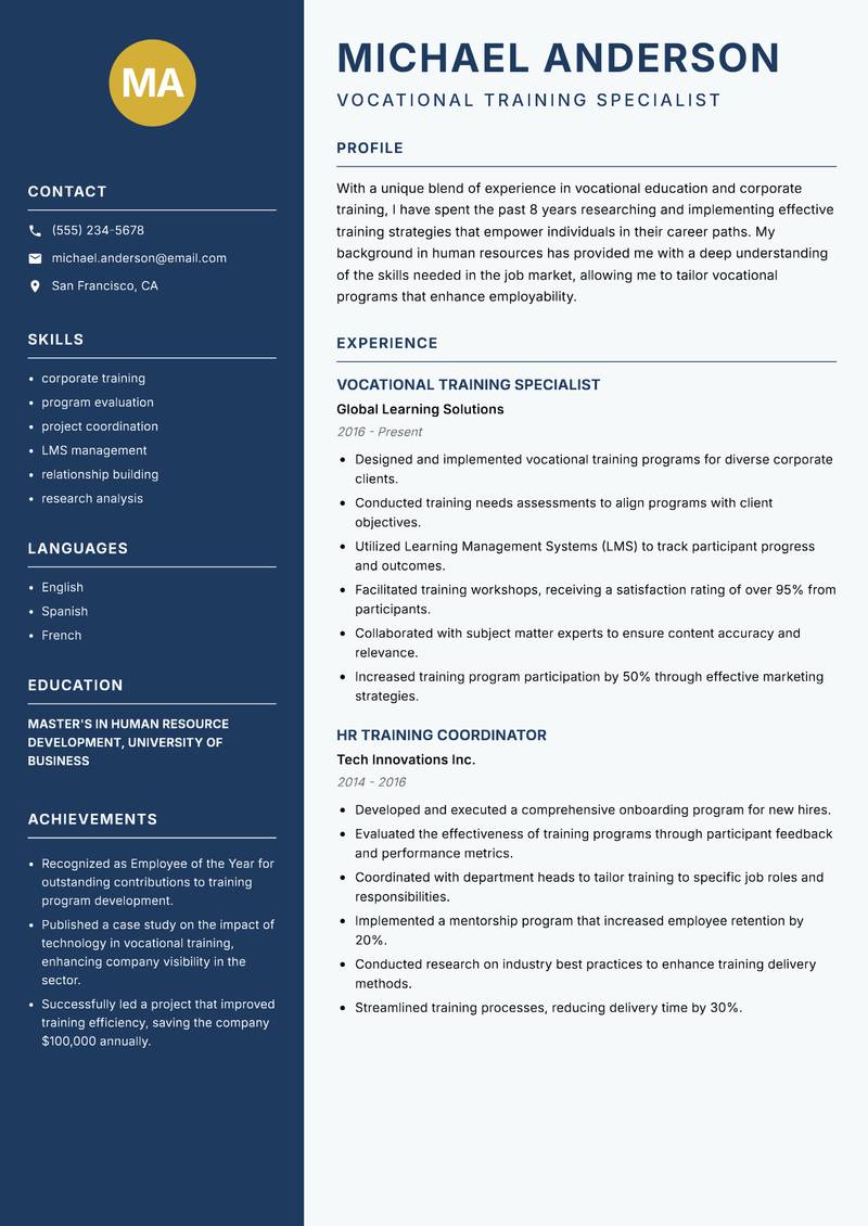 Vocational Education Researcher resume sample — Vocational Training Specialist focus