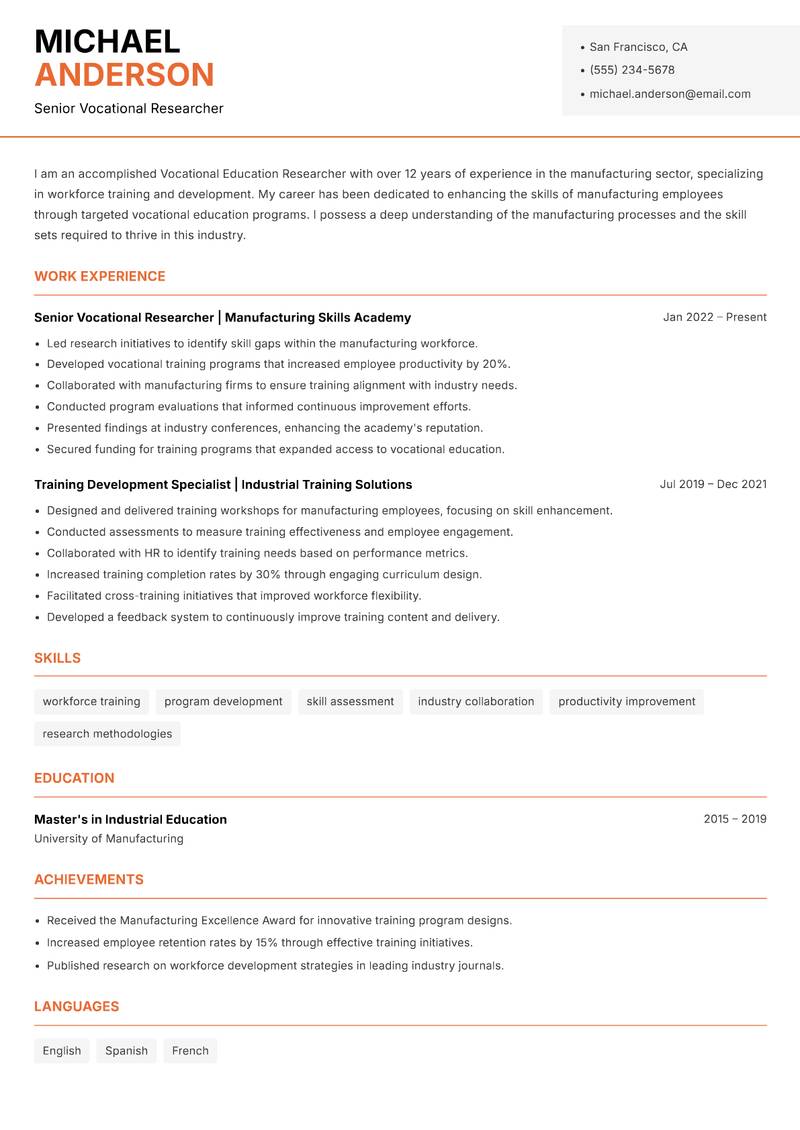 Vocational Education Researcher resume sample — Senior Vocational Researcher focus