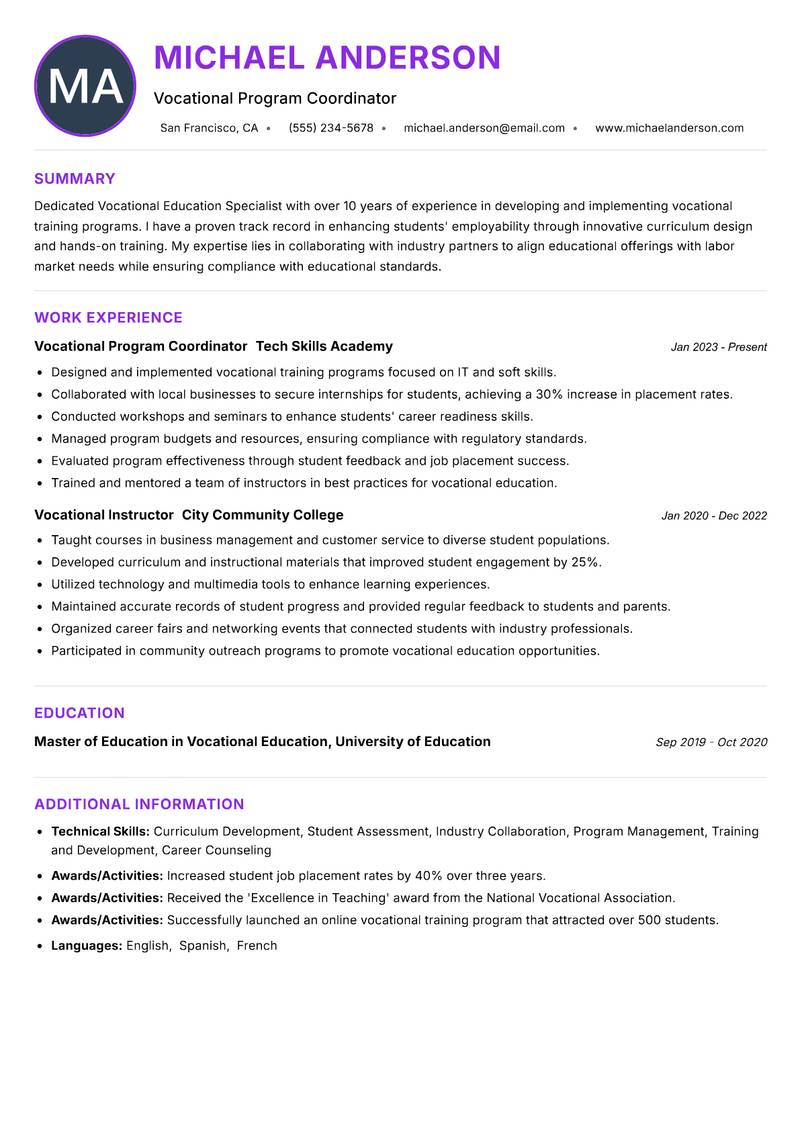 Vocational Education Specialist resume example