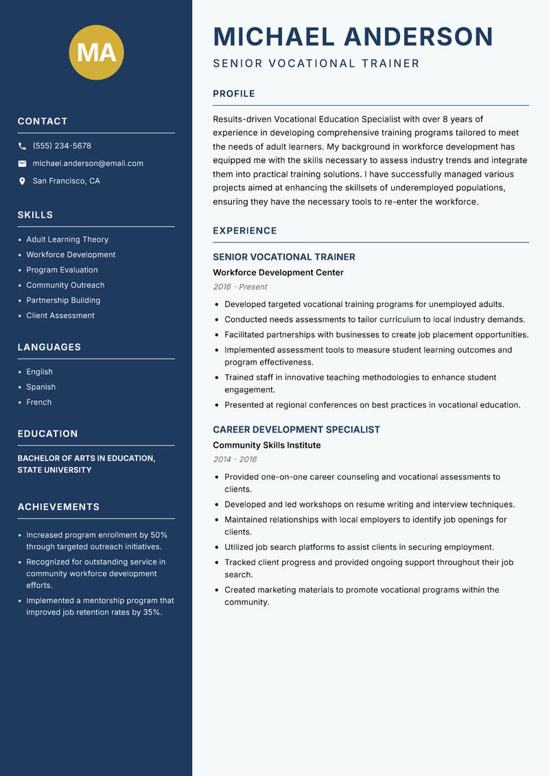 Vocational Education Specialist resume sample — Senior Vocational Trainer focus