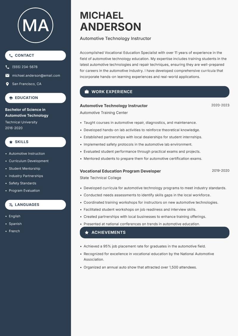 Vocational Education Specialist resume sample — Automotive Technology Instructor focus