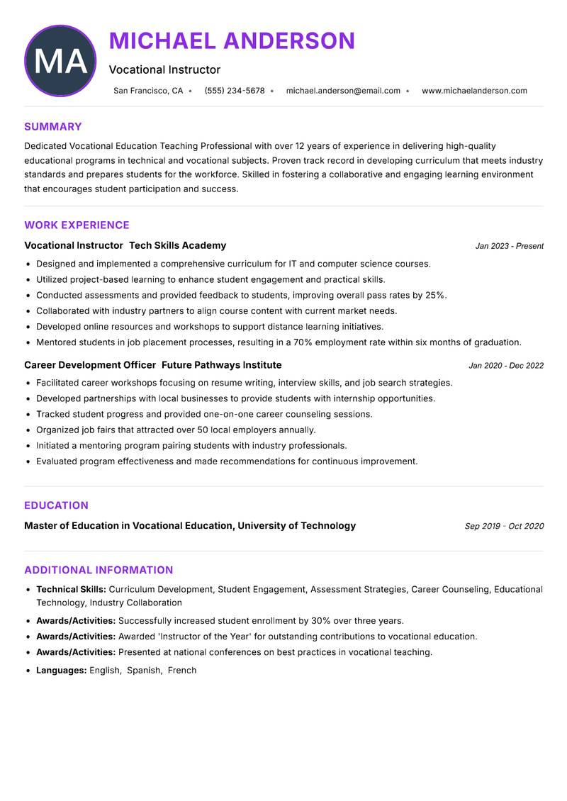Vocational Education Teaching Professional resume example