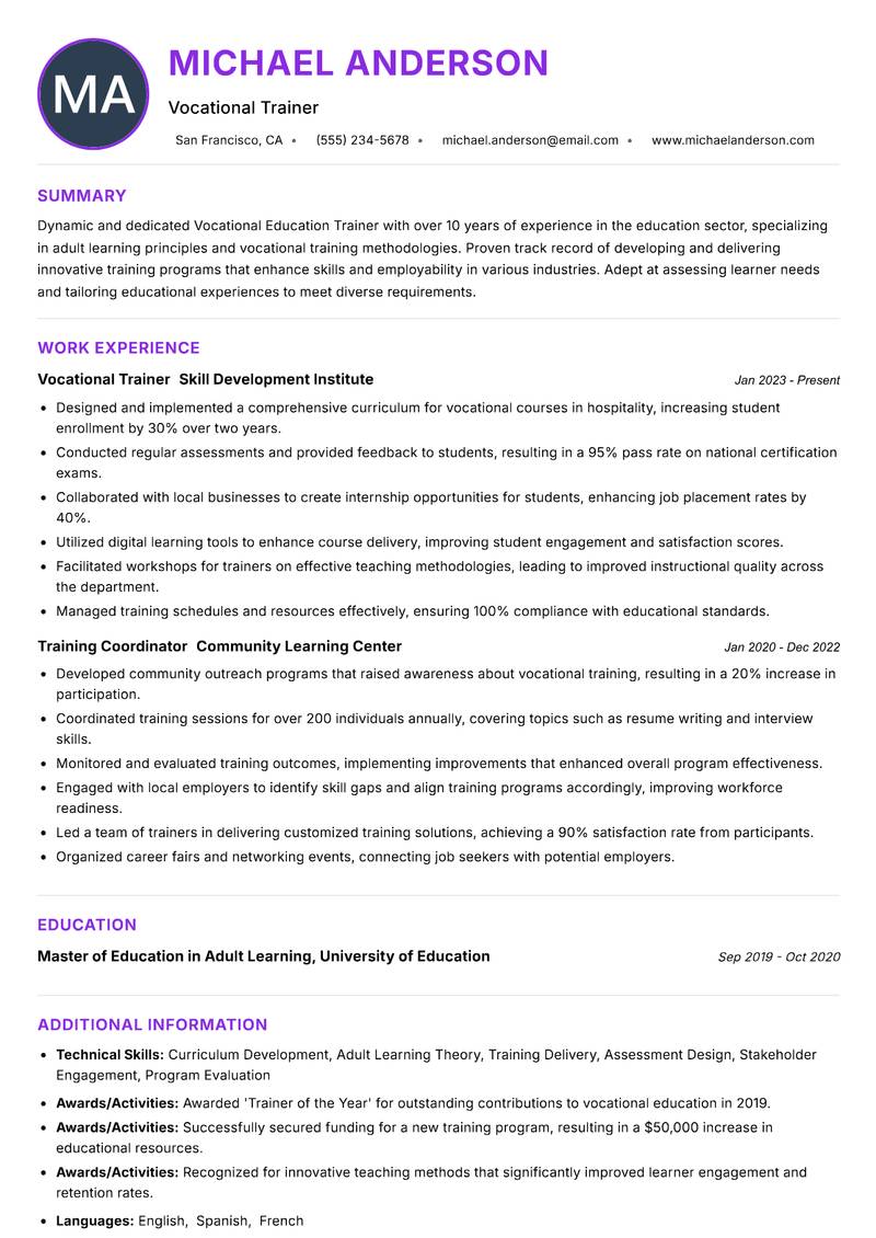 Vocational Education Trainer resume example