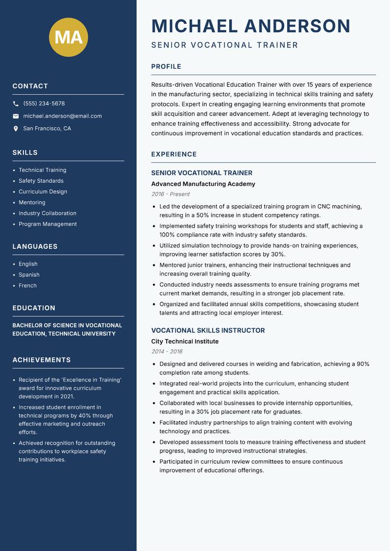 Vocational Education Trainer resume sample — Senior Vocational Trainer focus