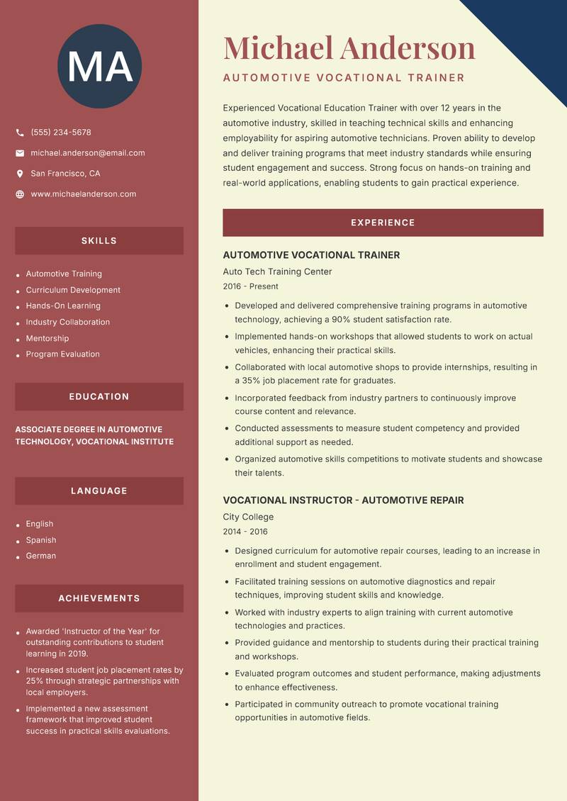 Vocational Education Trainer resume sample — Automotive Vocational Trainer focus
