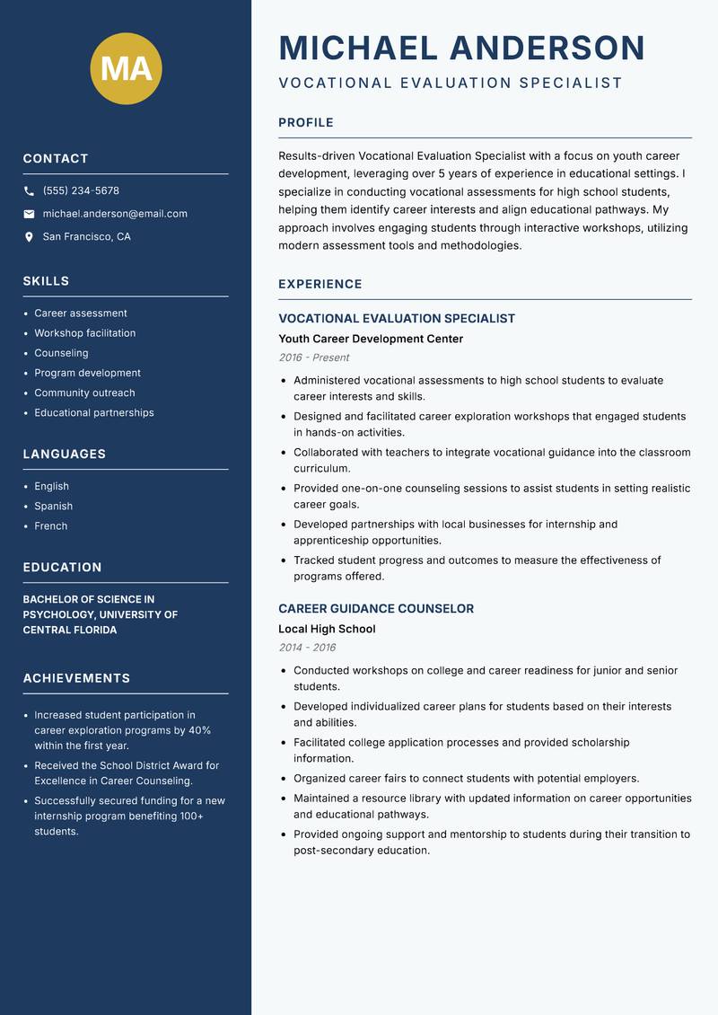 Vocational Evaluation Specialist resume sample — Vocational Evaluation Specialist focus
