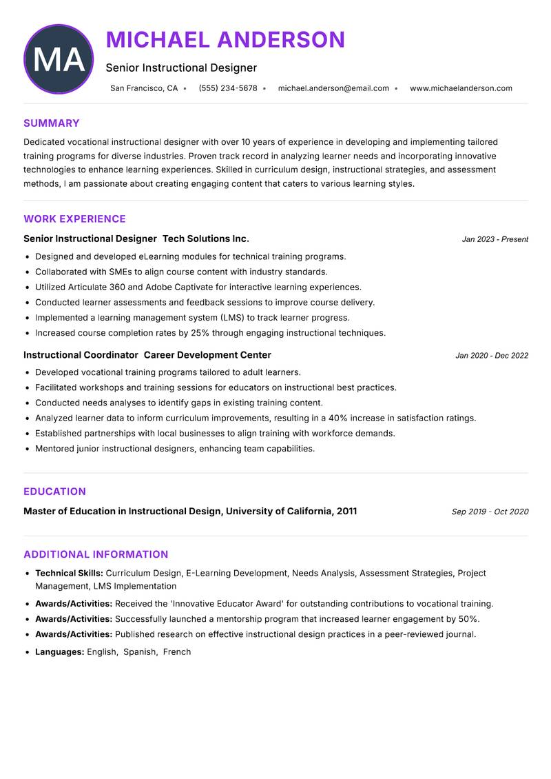 Vocational Instructional Designer resume example