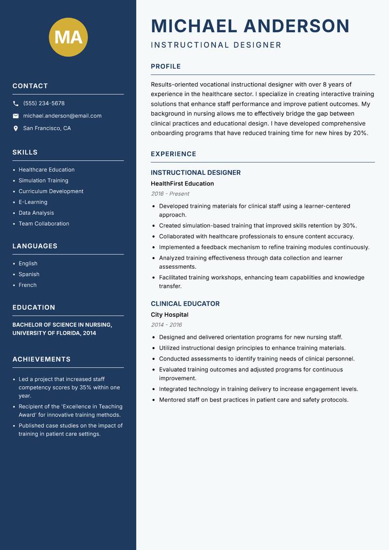Vocational Instructional Designer resume sample — Instructional Designer focus
