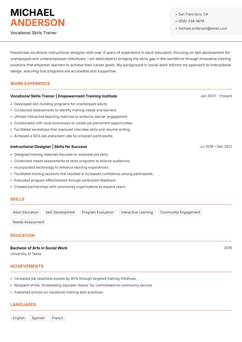 Vocational Instructional Designer resume sample — Vocational Skills Trainer focus