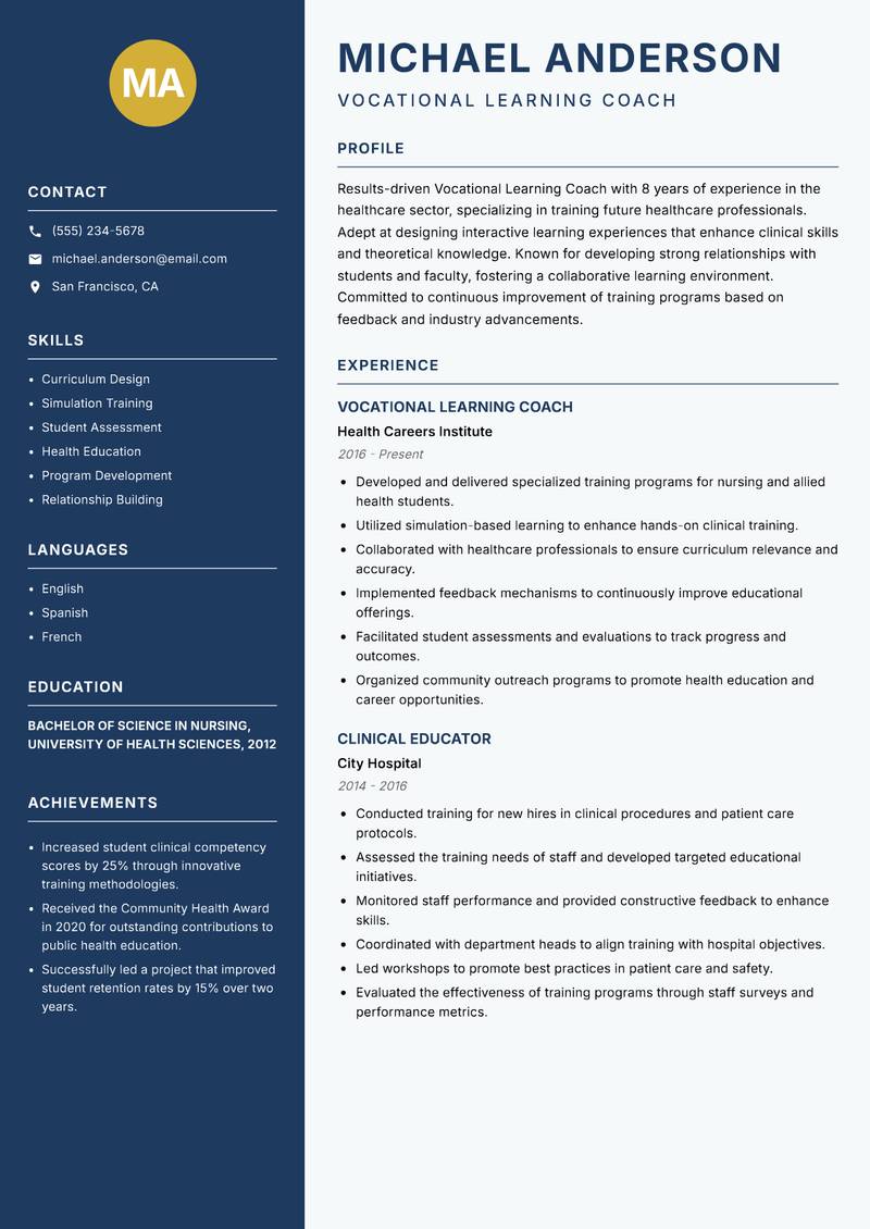 Vocational Learning Coach resume sample — Vocational Learning Coach focus