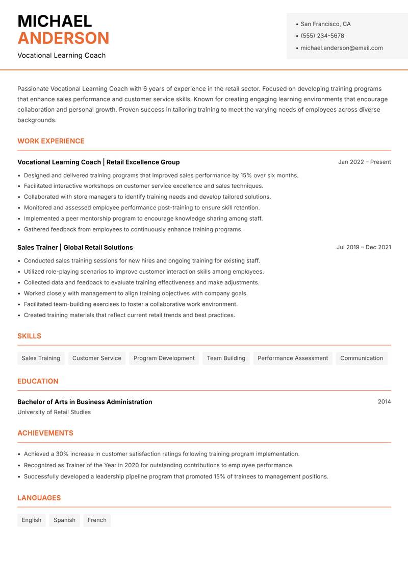 Vocational Learning Coach resume sample — Vocational Learning Coach focus