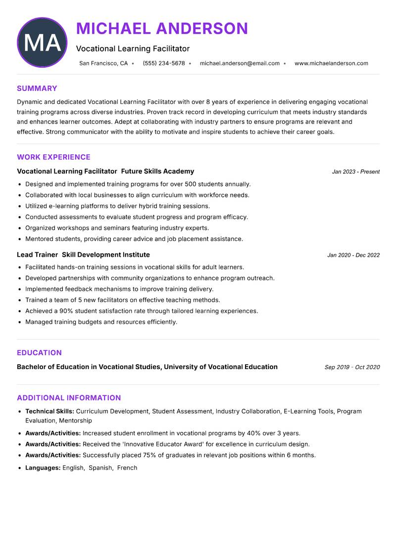 Vocational Learning Facilitator resume example