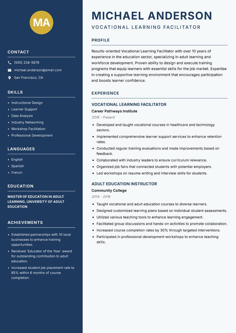 Vocational Learning Facilitator resume sample — Vocational Learning Facilitator focus