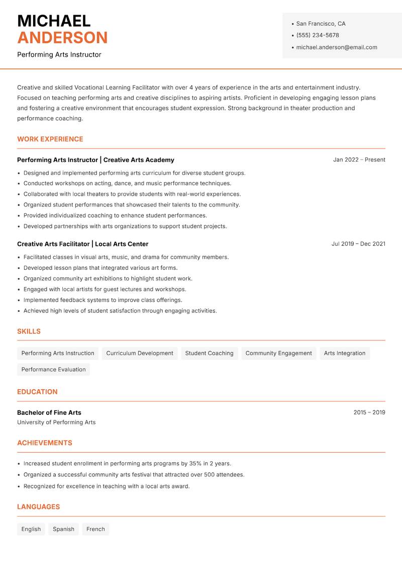 Vocational Learning Facilitator resume sample — Performing Arts Instructor focus