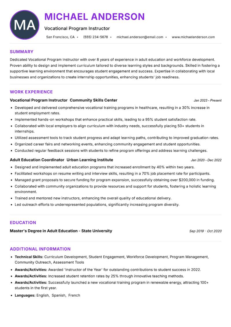 Vocational Program Instructor resume example