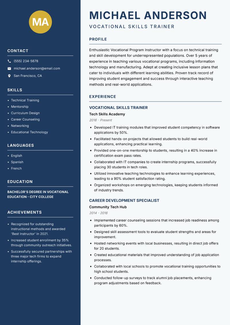 Vocational Program Instructor resume sample — Vocational Skills Trainer focus