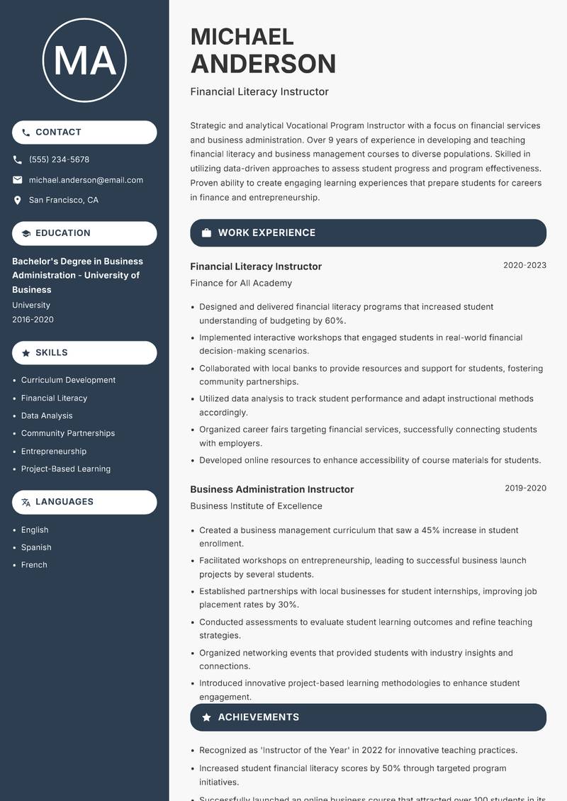 Vocational Program Instructor resume sample — Financial Literacy Instructor focus